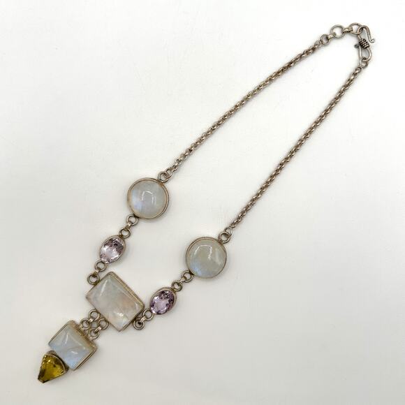 Sterling Silver 7 Gem Necklace Artisan Crafted Moonstone Amethyst Citrine 925 - Picture 8 of 13